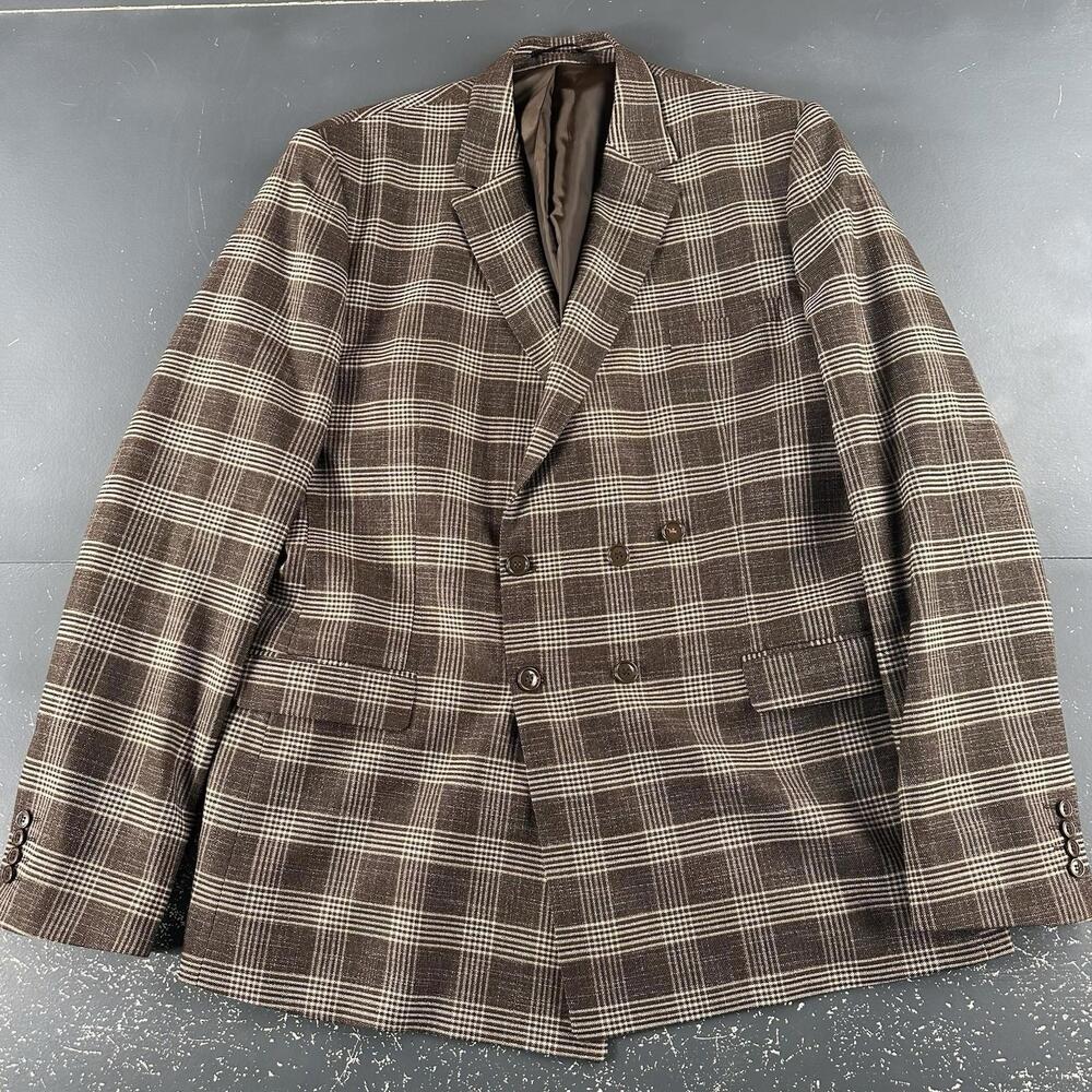 Boohoo Man Double Breasted Sport Coat Men 44 Long Brown Tan Check Plaid Rayon